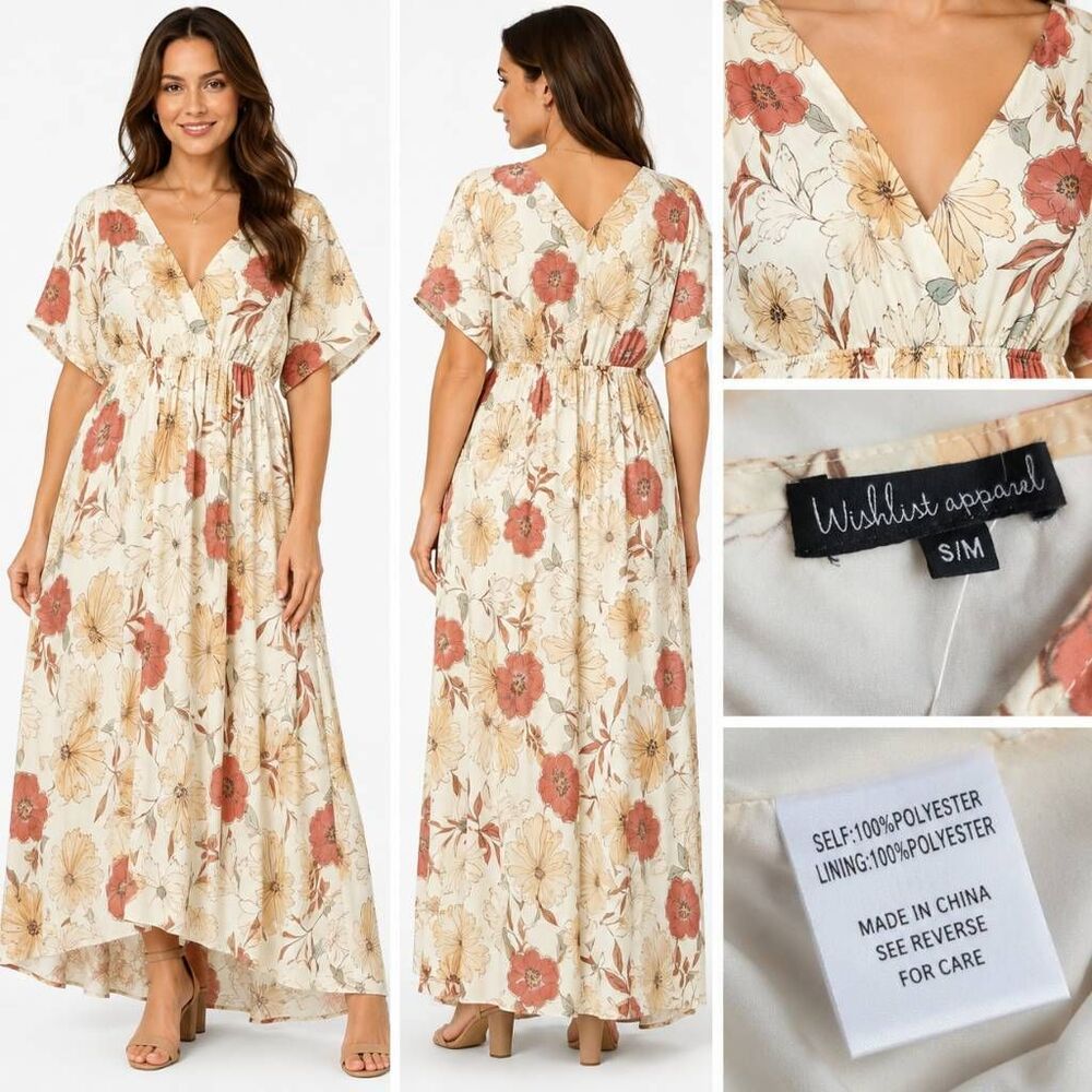 Wishful Apparel Floral Maxi Dress Cream Pink S/M NWT